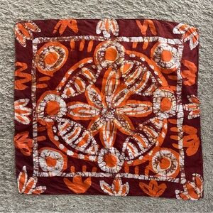 Vintage Indian Pure Silk Batik Scarf 24” Burgundy Orange Boho Square Academia
